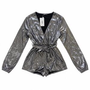 YOINS Silver Metallic Long Sleeve Romper